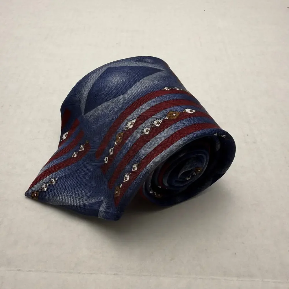 JT Beckett Silk Tie Blue Diamond Vertical Stripe Burgundy Italy Made